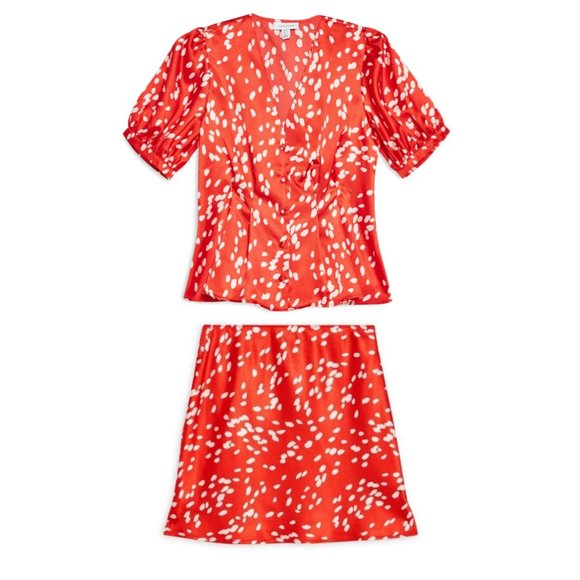 2 Piece Set TopShop Dalmatian Spot Pleated V-Neck Puff Sleeve Blouse Mini Skirt - Picture 6 of 13